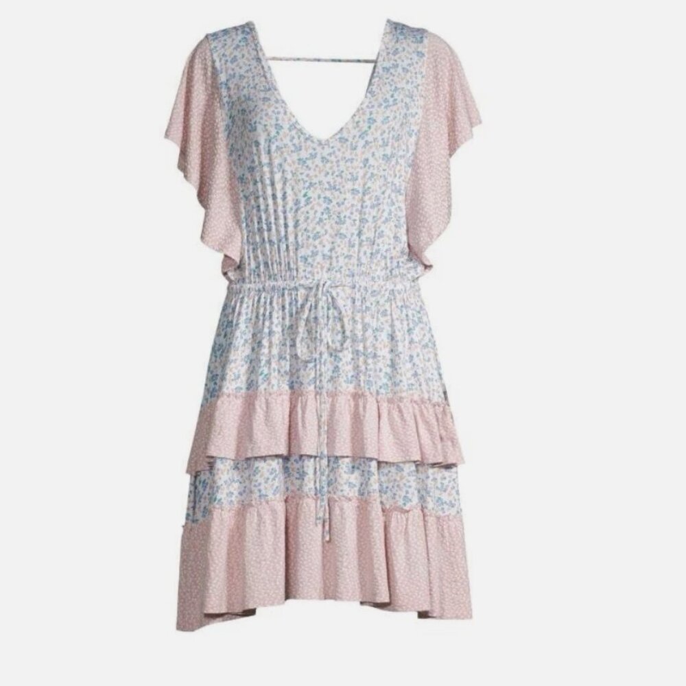 StitchDrop Cottage Bloom Flutter Sleeve Tiered Ruffle Dress Size L Pink Green